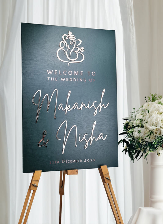 Wedding Welcome Sign Acrylic, Hindu Wedding, Ganesha, Welcome To Our Wedding, Modern Gold Acrylic, Personalised Wedding Decoration, A1 A2 XL